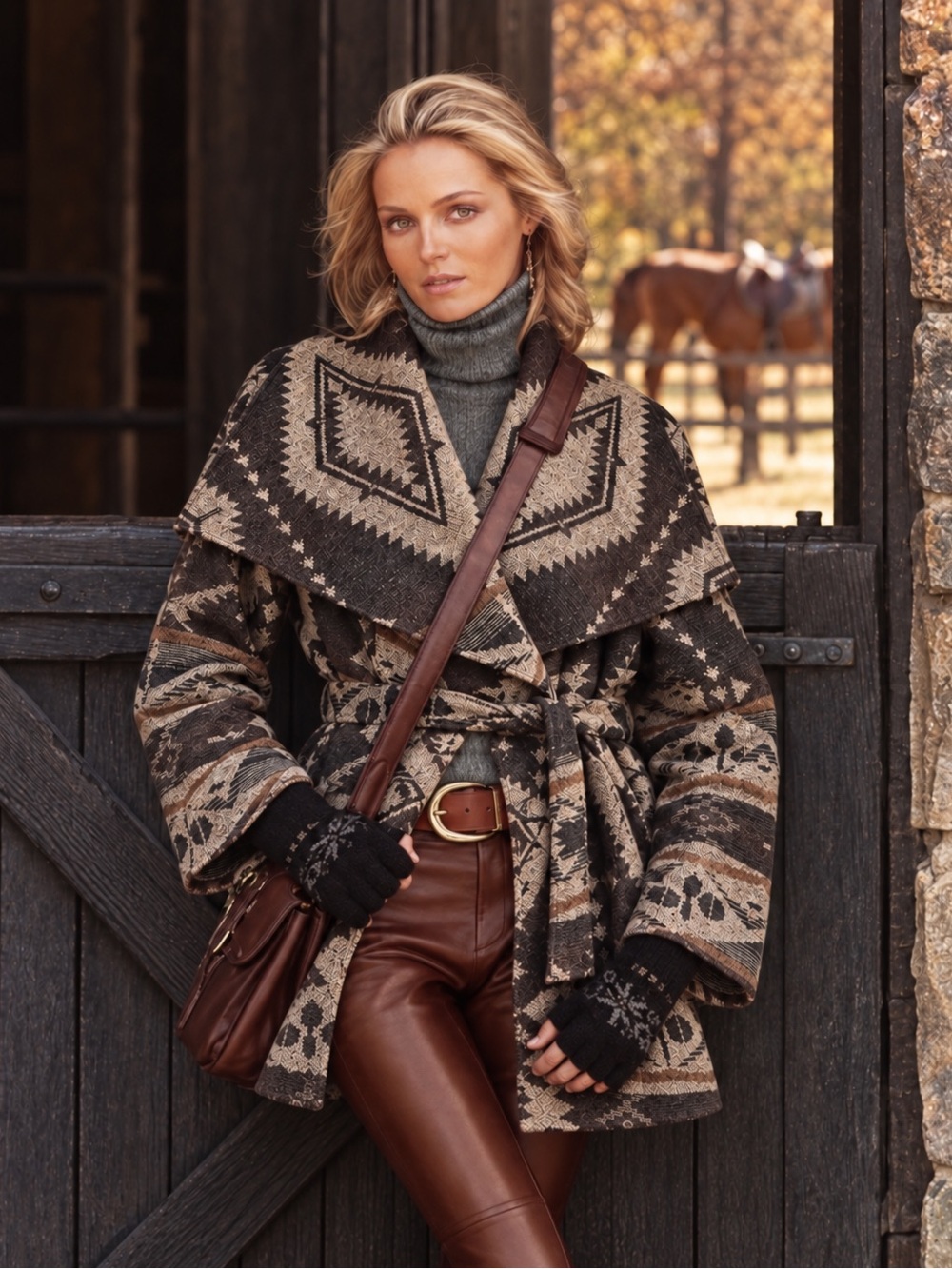 Coldwater Creek Southwestern Geometric Brown Tan Belted Blanket Coat LARGE